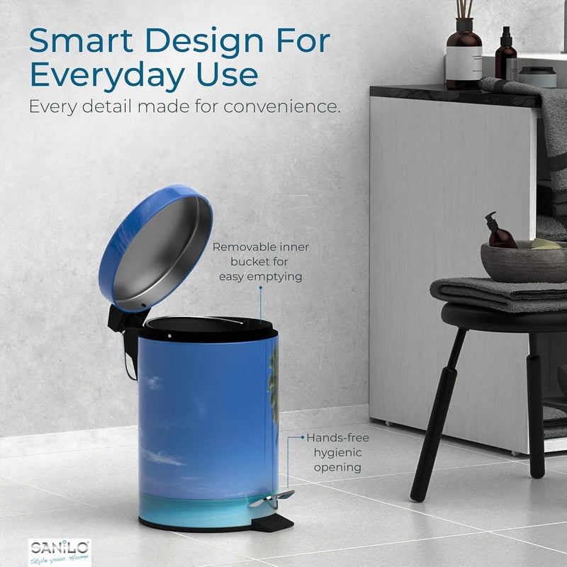 Sanilo Small Bathroom Trash Can with Lid [1.3 Gallon] - Lidded Tiny Trashcan for Garbage - Mini Metal Bin with Soft Closing Mechanism - Bath Room Accessoire Wastebin with Inner Bucket (Caribbean) - Image 4